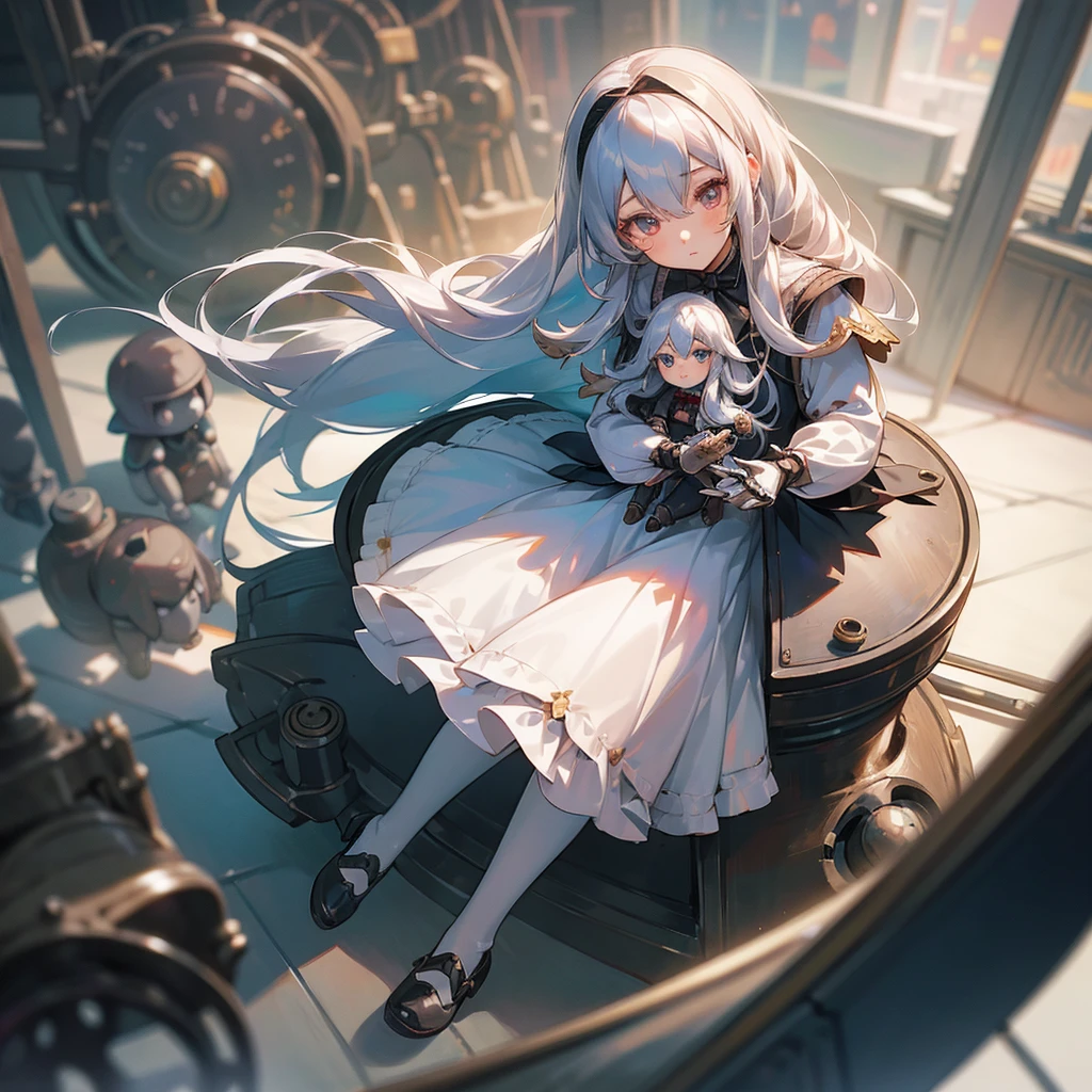 (mechanical doll), (1 girl), silver hair, Chrom eyes, long hair, thin eyebrows, young, alone, Lolita, childhood, child, short, (mechanical doll), (automata), dress, tiny, baby face, cel anime, 