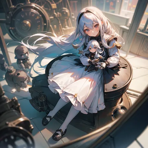 (mechanical doll), (1 girl), silver hair, chrom eyes, long hair, thin eyebrows, young, alone, lolita, childhood, child, short, (...