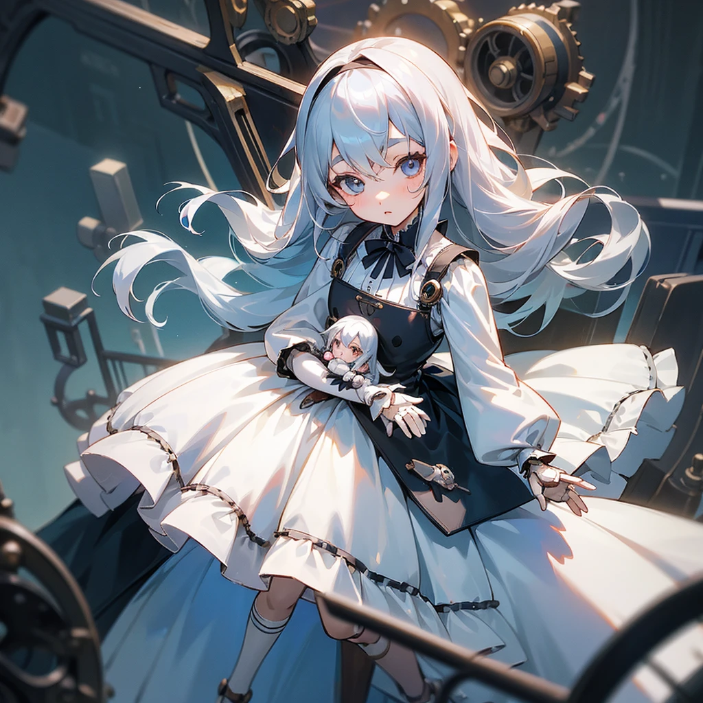 (mechanical doll), (1 girl), silver hair, Chrom eyes, long hair, thin eyebrows, young, alone, Lolita, childhood, child, short, (mechanical doll), (automata), dress, tiny, baby face, cel anime, Solo