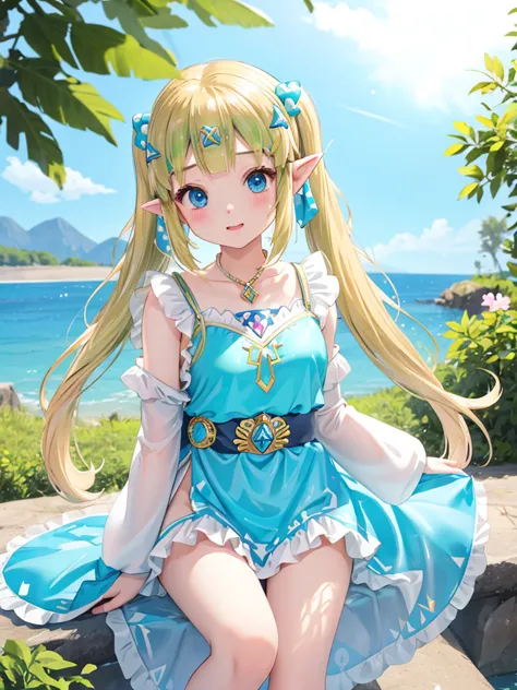 princess zelda、、girl、waterfront、slime、swimwear、polka dots、peeing、twin tails