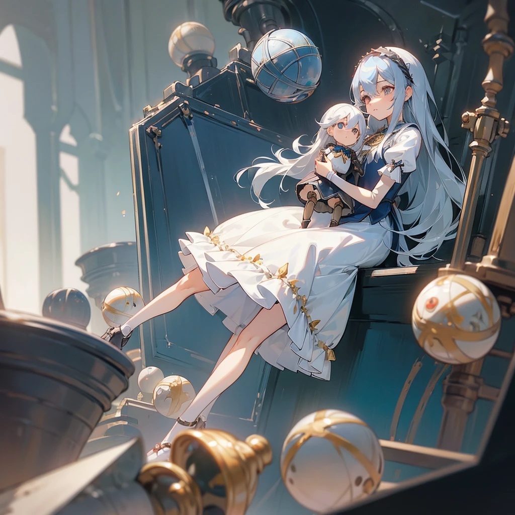 (mechanical doll), (1 girl), silver hair, Chrom eyes, long hair, thin eyebrows, young, alone, Lolita, childhood, child, short, (ball joint), (automata), dress, tiny, baby face, cel anime, Solo