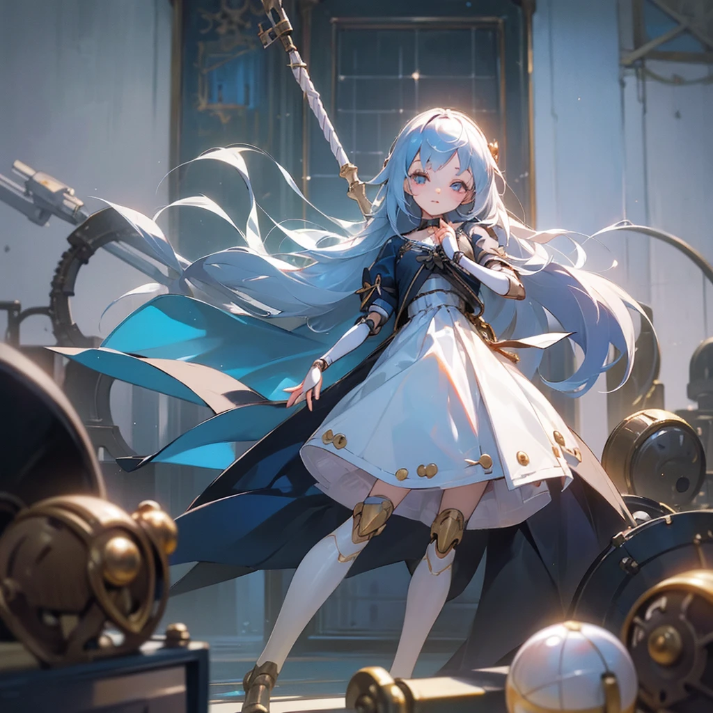 (mechanical doll), (1 girl), silver hair, Chrom eyes, long hair, thin eyebrows, young, alone, Lolita, childhood, child, short, (ball joint), (automata), dress, tiny, baby face, cel anime, Solo