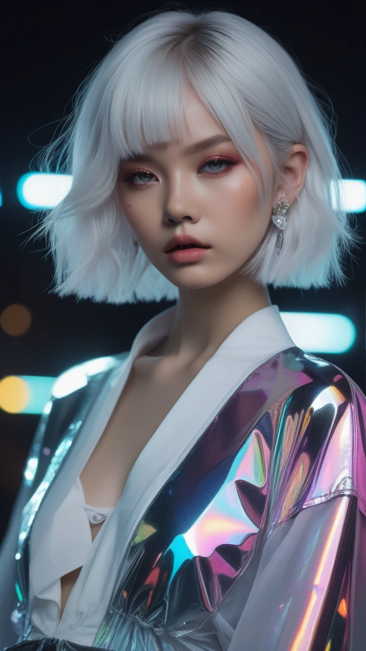 Highest quality　masterpiece　High resolution　masterpiece　white hair, Grey Eyes　hime cut , transparent color vinyl clothing, prismatic, holographic, chromati caberration, harajuku fashion, posing,  flat color, dark theme,sinozick style, neon lights 