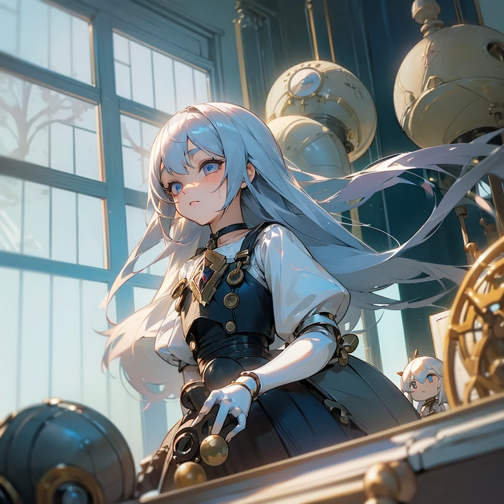 (mechanical doll), (1 girl), silver hair, Chrom eyes, long hair, thin eyebrows, young, alone, Lolita, childhood, child, short, (ball joint), (automata), dress, tiny, baby face, cel anime, Solo, upper body, half body photo