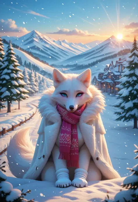 one girl, with a perfect figure, dressed in furs, fur coat, arctic fox, a long scarf on the neck is fluttering in the wind, bliz...