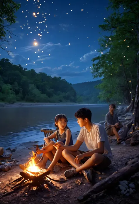 a boy(20 years old, full body, sitting pose ) and a girl(1, full body, sitting position) sitting near the campfire. a tante in f...