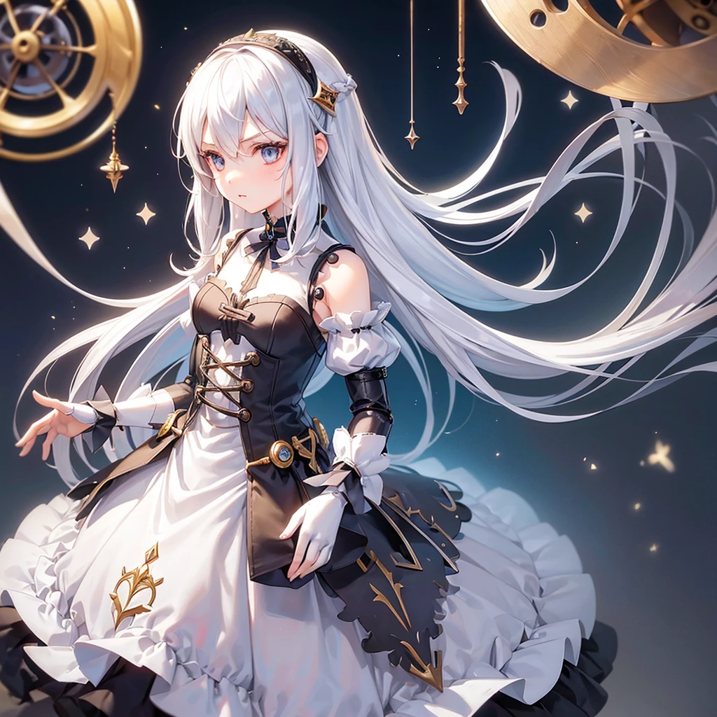 (mechanical doll), (1 girl), silver hair, Chrom eyes, long hair, thin eyebrows, young, alone, Lolita, childhood, child, short, (ball joint), (automata), dress, tiny, baby face, cel anime, Solo, upper body, half body photo