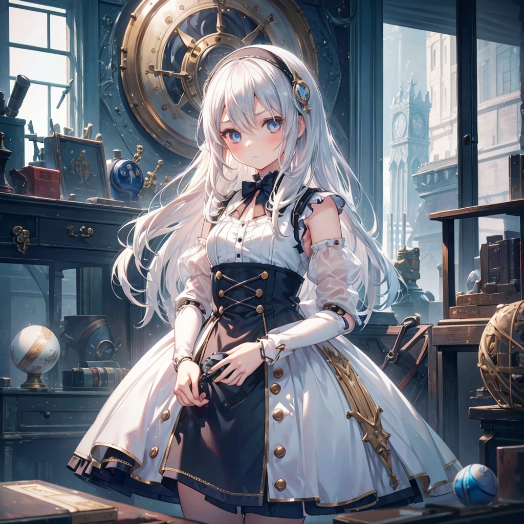 (mechanical doll), (1 girl), silver hair, Chrom eyes, long hair, thin eyebrows, young, alone, Lolita, childhood, child, short, (ball joint), (automata), dress, tiny, baby face, cel anime, Solo, upper body, half body photo