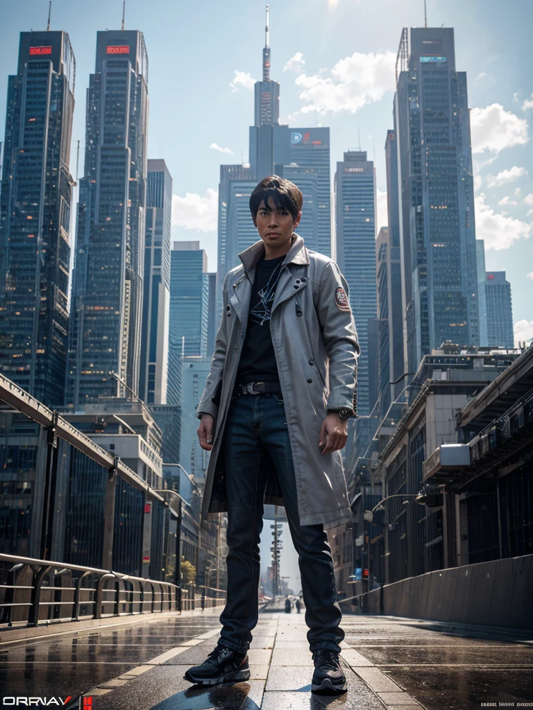 Hyper Realistic Digital Art of a young man standing beside his Akira Shotaro Kaneda’s bike, standing relaxed, leisure pose, young detailed face, gray overjacket, elaborate mechanical cybersuit, shoes, hyper-detailed, post-apocalyptic city background, concept art, ultrawide view, top down drone view, shallow-focus, soft contrast, art by Guweiz, art by Hisashi Hirai