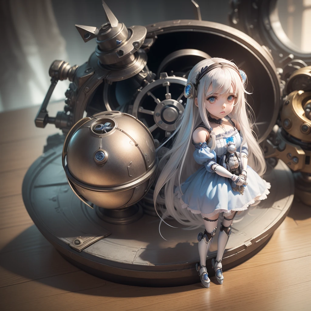 (mechanical doll), (1 girl), silver hair, Chrom eyes, long hair, thin eyebrows, young, alone, Lolita, childhood, child, short, (ball joint), (automata), dress, tiny, baby face, cel anime, Solo, upper body, half body photo