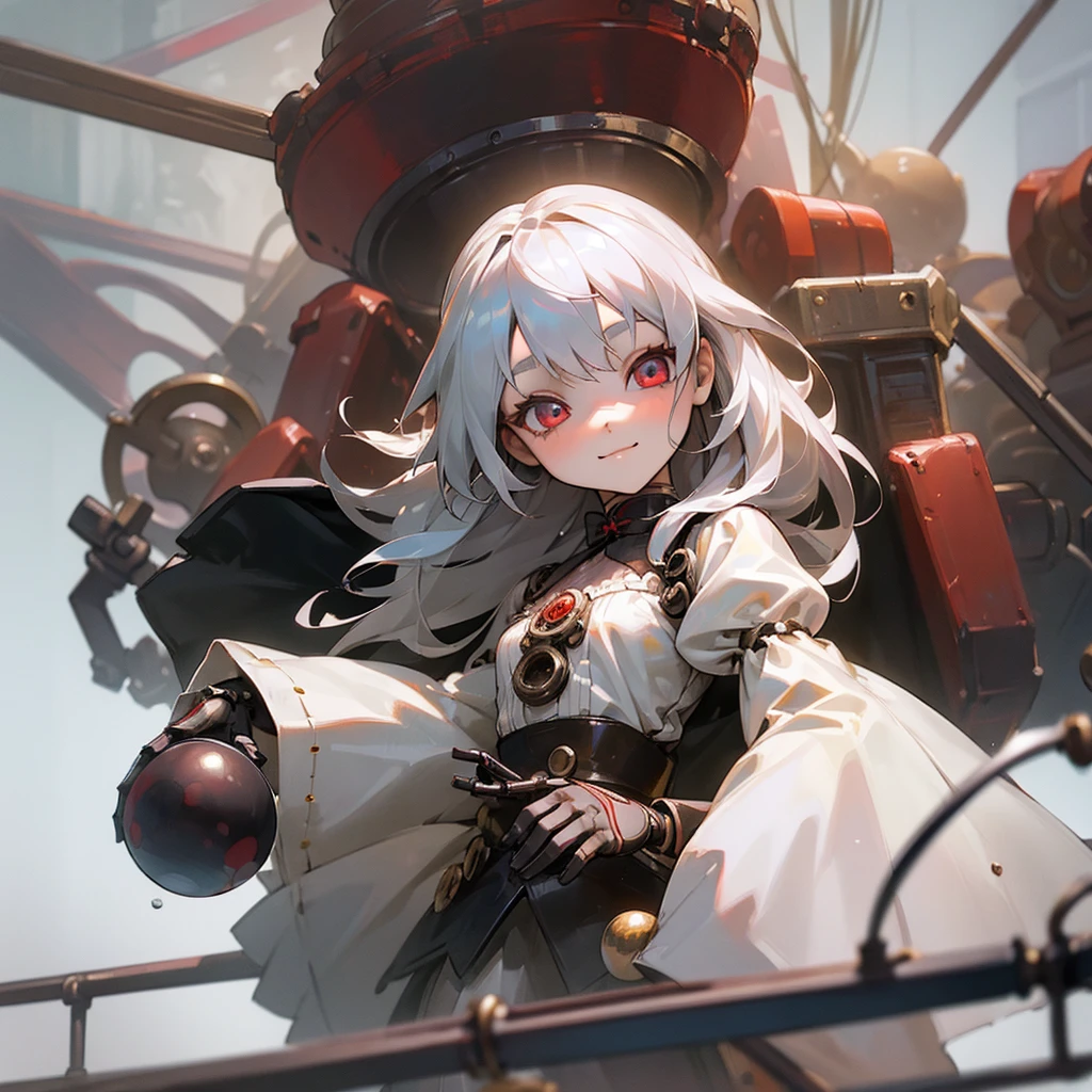 (mechanical doll), (1 girl), silver hair, Crimson eyes, long hair, thin eyebrows, young, alone, Lolita, childhood, child, short, (ball joint), (automata), dress, tiny, baby face, mild smile, cel anime, Solo, upper body, half body photo