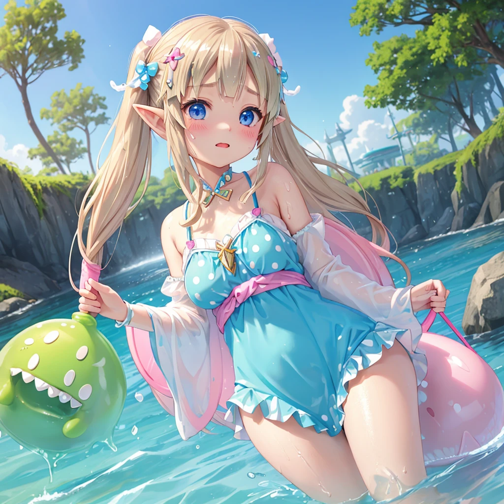 Princess Zelda、、Girl、Waterfront、Slime、Swimwear、Polka dots、Twin tails、pink、sweat、Get wet、Drip、Water iron cannon
