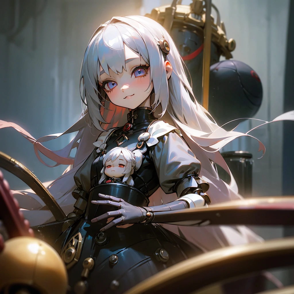 (mechanical doll), (1 girl), silver hair, Crimson eyes, long hair, thin eyebrows, young, alone, Lolita, childhood, child, short, (ball joint), (automata), dress, tiny, baby face, mild smile, cel anime, Solo, upper body, half body photo