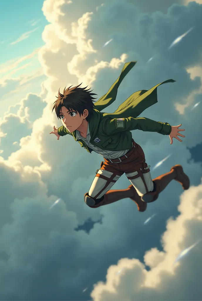 Kid eren Jaeger flying between clouds realistic 