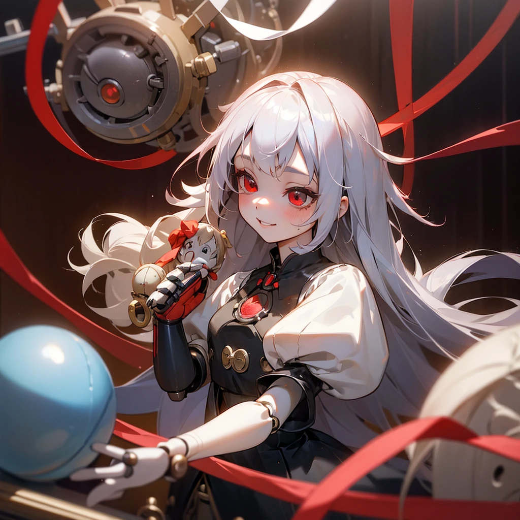 (mechanical doll), (1 girl), silver hair, red eyes, long hair, thin eyebrows, young, alone, Lolita, childhood, child, short, (ball joint), (automata), dress, tiny, baby face, smile, cel anime, Solo, upper body, half body photo