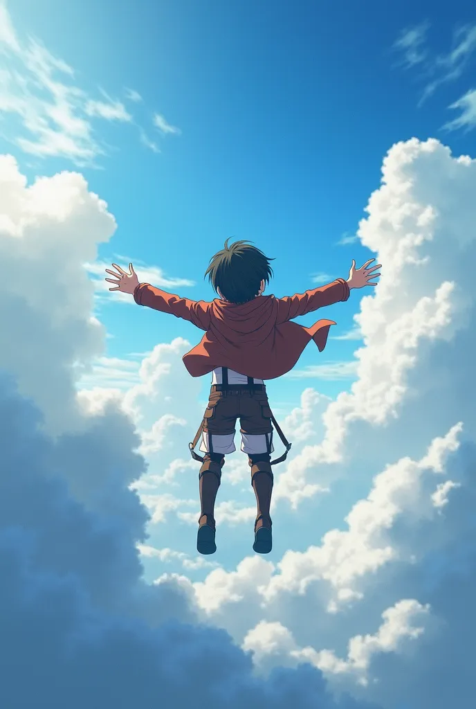 Kid eren Jaeger flying between moving clouds very far in the heavenly beautiful sky spreading hands back view