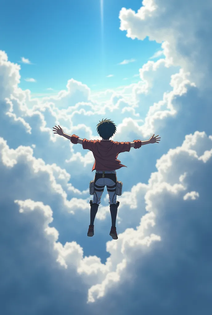 Kid eren Jaeger flying between moving clouds very far in the heavenly beautiful sky spreading hands back view standing inside a cloud ultra 3d 8k 