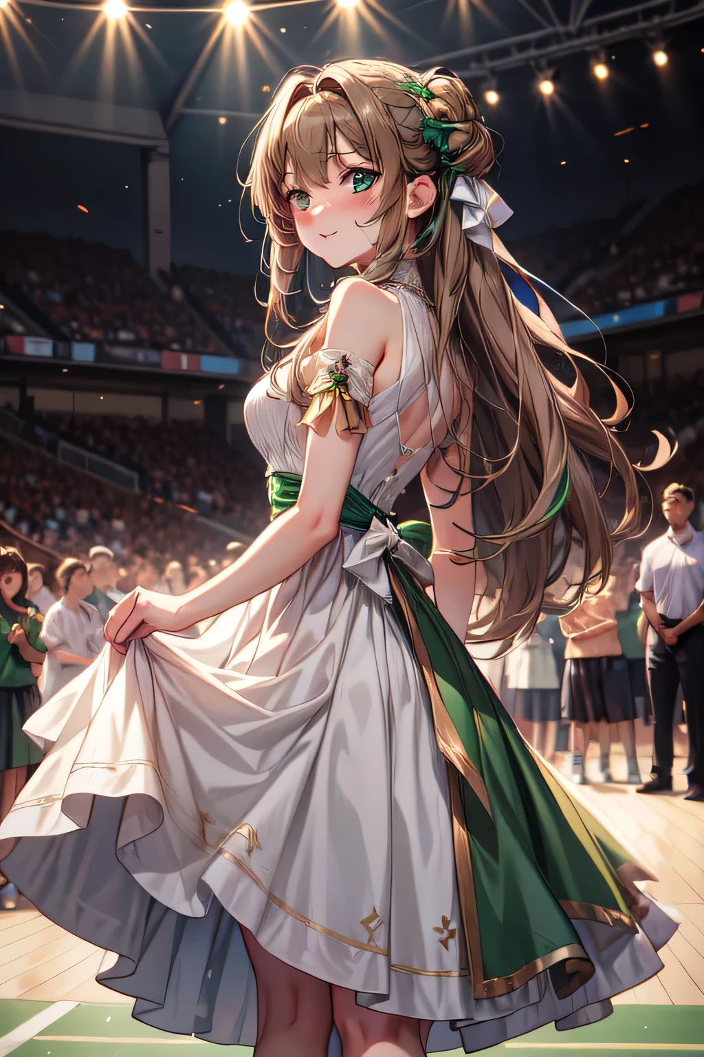 anime style, A stunningly beautiful cute girl with light brown hair and Emerald-Green-colored eyes， long hair， wearing a full white dress， standing in front of her boyfriend in the sports court full of people and audienceat night，looks joyful