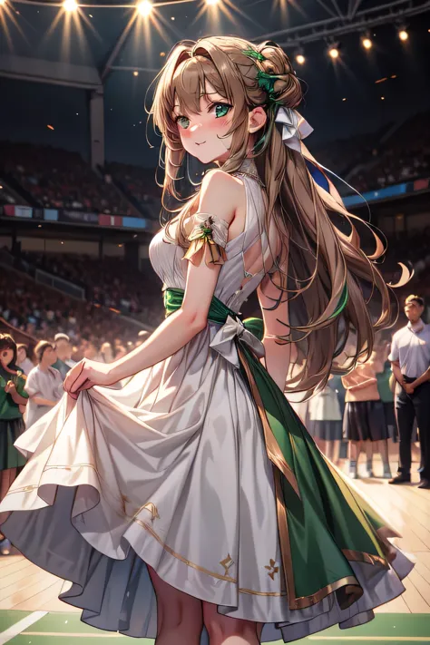 anime style, a stunningly beautiful cute girl with light brown hair and emerald-green-colored eyes， long hair， wearing a full wh...