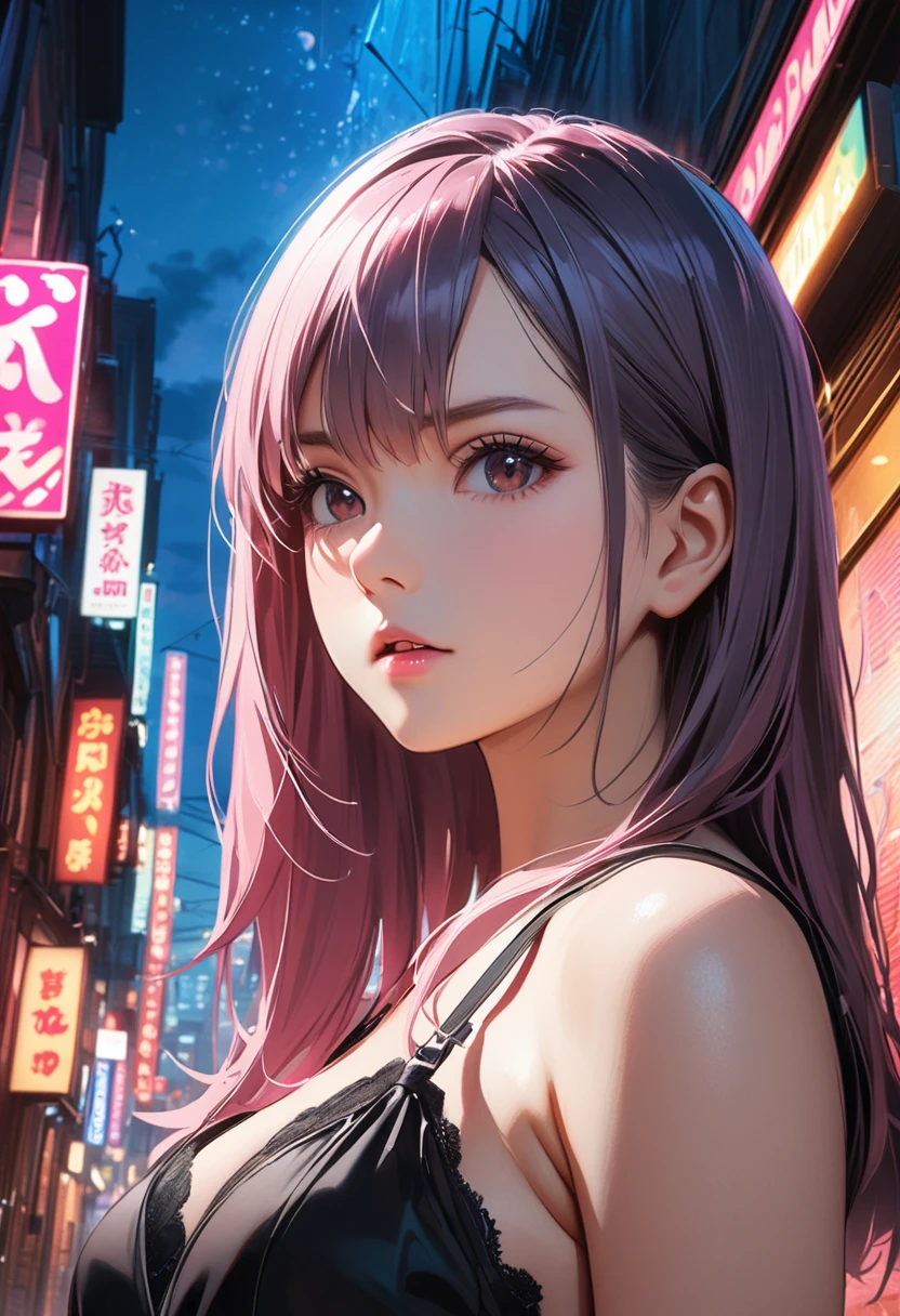 Alone,1girl, Girl in black lingerie、Upper Body、Cross your arms in front of your body、She puffs out her cheeks and is angry、 Pink Theme Background、break ,background\(outside, noisy city, backstreet, narrow street, neon lights, at night\), break ,quality\(8k,wallpaper of extremely detailed CG unit, ​masterpiece, high resolution, top-quality, top-quality real texture skin, hyper realistic, increase the resolution, RAW photos, best quality, highly detailed, the wallpaper, golden ratio\),(close up:1.0),dynamic angle, long shot,d4rkpurp, Movie Poster