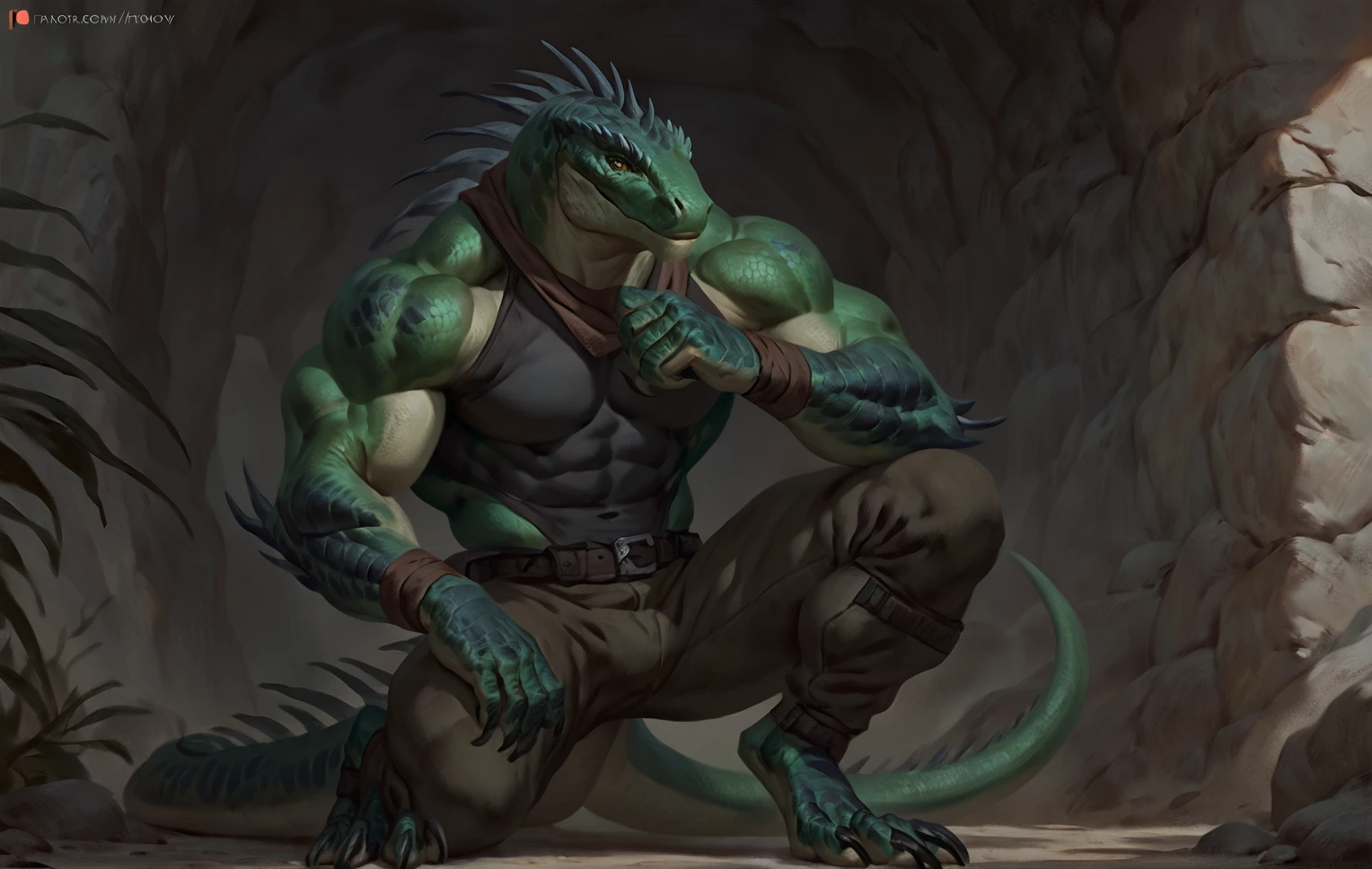 Muscular monster lizardfolk, solo, pants, mercenary, dark green body, black belly, full body, comicbook style, best quality, 4k, ultra-detailed, by laobai, by taran fiddler, by honovy