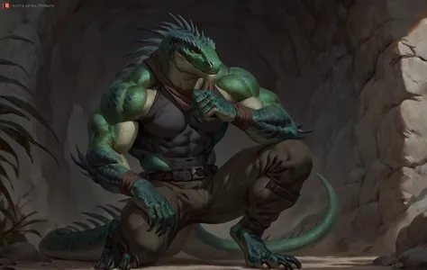 muscular monster lizardfolk, solo, pants, mercenary, dark green body, black belly, full body, comicbook style, best quality, 4k,...