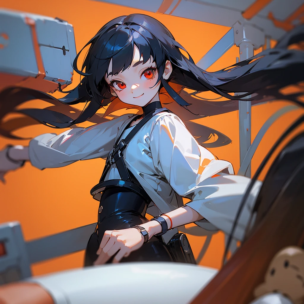 (mechanical girl), (1 girl), black hair, red orange eyes, long hair, thin eyebrows, young, alone, Lolita, childhood, child, short, (doll joint), (android), shirt, tiny, baby face, smile, cel anime, Solo, upper body, half body photo