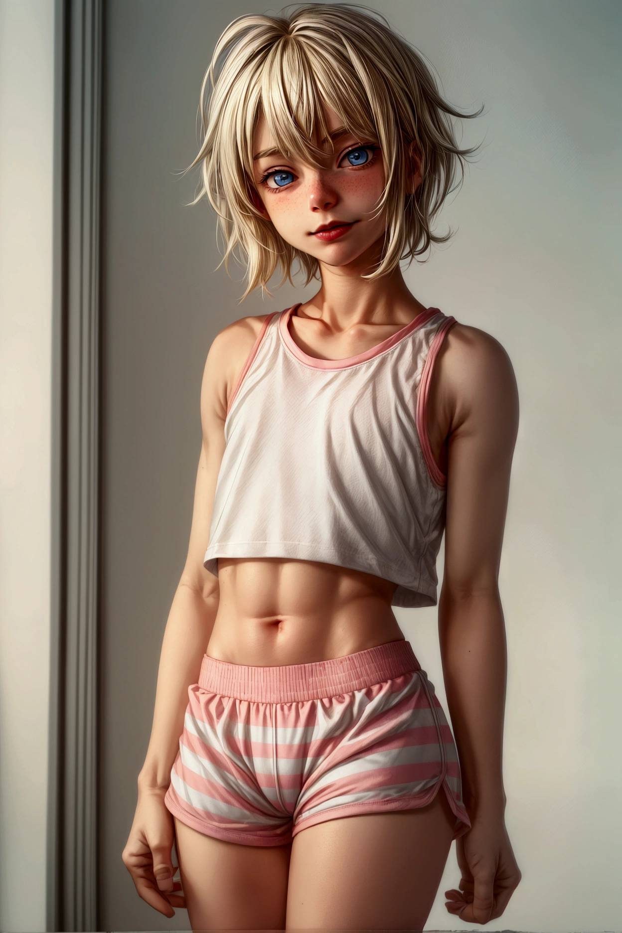 Anime style, Highres, Masterpiece, Best quality at best, Best Quality, hight quality, hight detailed, 1boy, blonde boy, perfect boy body, cute boy, detailed light blue eyes, short hair, messy hair, bangs, pastel rainbow inner hair color mesh, shy smile, wears a tight pink mini sports top white stripes, boy chest, bare shoulders, bare sleeves, bare arms, Pink mini sports shorts white stripes, (tiny bulge on shorts), beautiful legs, white stockings over knee, white sports shoes with pink stripes, boy body, Standing, sunny afternoon on a sports arena, highest quality,