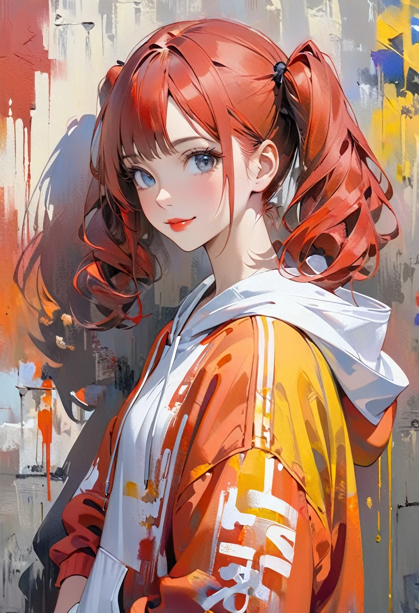 Minimalist oil portrait of a girl、The girl has red hair in twin tails、The girl has a very beautiful face、Beautiful detailed eyes and lips、Wear a chic colored hoodie、smile、A girl walks briskly through the streets of downtown、There is a lot of graffiti on the walls of the buildings in the town.、Cowboy Shot、(Strong oil painting effect:1.7)、Strong brush effect、Award-winning、Professionally painted oil painting、oil painting
