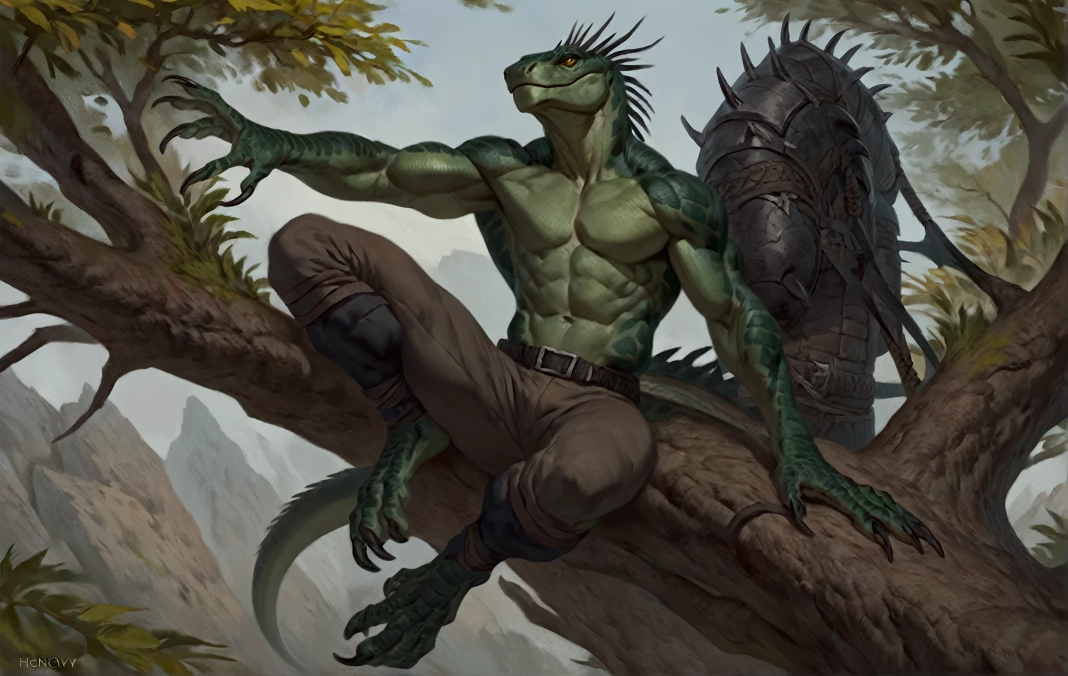 Muscular monster lizardfolk, solo, pants, mercenary, dark green body, black belly, full body, comicbook style, sitting on a tree, best quality, 4k, ultra-detailed, by laobai, by taran fiddler, by honovy