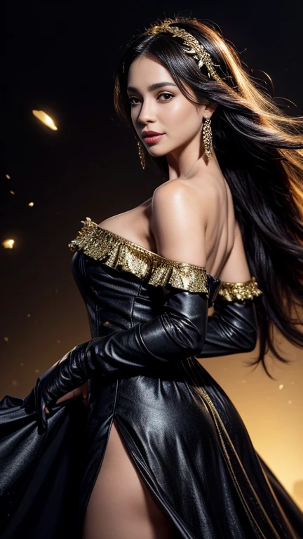 jorbria, angel wings, beautiful woman, (photorealistic), backlit, black background, black dress, black gloves, black hair, smile, cowboy shot, dress, earrings, floating hair, gloves, gold earrings, gold hair band, hair flower, hair ornament, ((hair band)), jewelry, light particles, long hair, look viewer, off-the-shoulder dress, off-shoulder, Petals, Side Rock, Solo, Spike, Beautiful Dress, Double-sided Fabric, ((Masterpiece))  