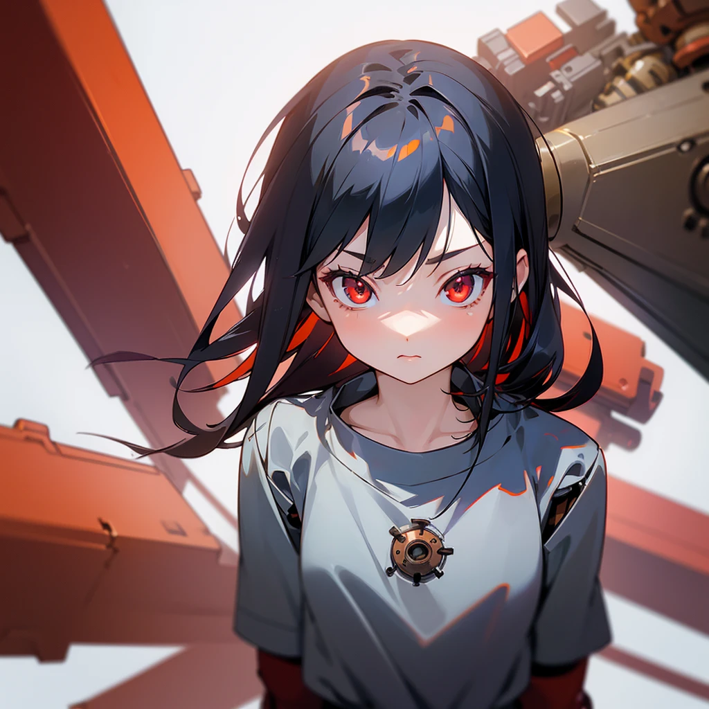 (mechanical girl), (1 girl), black hair, red orange eyes, long hair, thin eyebrows, young, alone, Lolita, childhood, short, (mechanical joint), (android), shirt, tiny, baby face, cel anime, Solo, upper body, half body photo