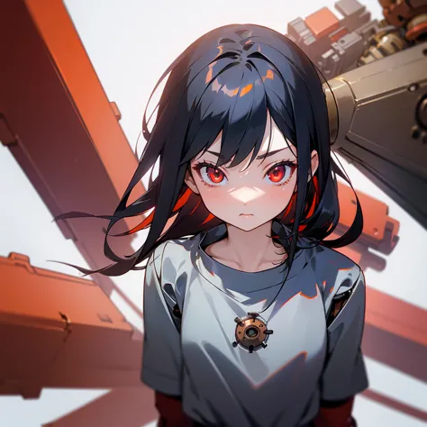 (mechanical girl), (1 girl), black hair, red orange eyes, long hair, thin eyebrows, young, alone, lolita, childhood, short, (mec...