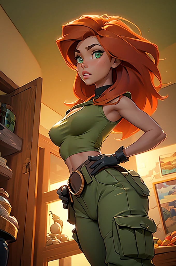 Masterpiece, raw, beautiful art, professional artist, 8k, very detailed face, very detailed hair, 1girl, Kim Possible, wearing (Orange-red hair, green eyes, confident expression, black crop top, plunging cleavage, straining breasts, black gloves, brown belt, green cargo pants:1.1), cameltoe, standing, leg up, posing in her bedroom, perfectly drawn body, beautiful face, long hair, very detailed eyes, rosey cheeks, intricate details in eyes, puckered lips, hourglass body, beautiful body, curvy, extremely detailed, intricate details, highly detailed, sharp focus, detailed skin, realistic skin texture, texture, detailed eyes, high resolution, kodak vision color, foto_\(ultra\), post-processing, maximum detail, roughness, real life, ultra realistic, photorealism, photography, absurdres, RAW photo, highest quality, high detail RAW color photo, professional photo, extremely detailed UHD 8k wallpaper unit, best quality, highres, (masterpiece, top quality, high resolution:1.4), photo, cinematic, film grain, sharp, soft natural light, magic photography, super detailed