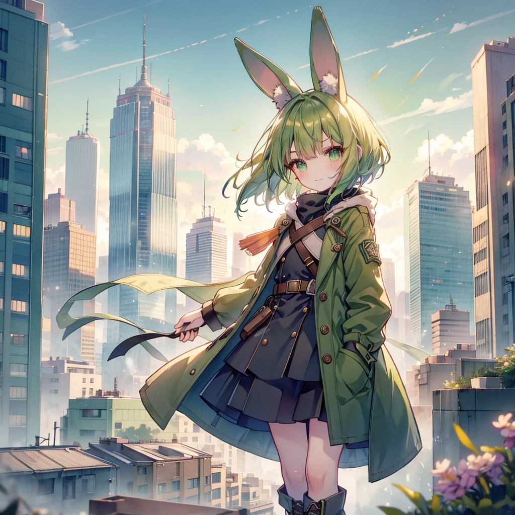 (long Green rabbit ears), green animal ears, (1 girl), green hair, green eyes, bob cut, thin eyebrows, smiling, young, alone, Lolita, childhood, child, short, overall, coat, long boots, red hood, wide pants, harness, fingerless globe, belt, waist pouch, in the city, tiny, baby face, pastel academia, cel anime, 