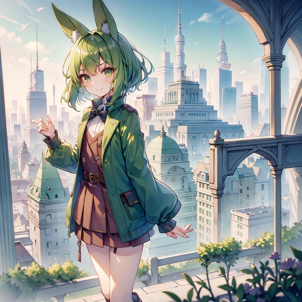 (long Green rabbit ears), green animal ears, (1 girl), green hair, green eyes, bob cut, thin eyebrows, smiling, young, alone, Lolita, childhood, child, short, overall, coat, long boots, red hood, wide pants, harness, fingerless globe, belt, waist pouch, in the city, tiny, baby face, pastel academia, cel anime, 