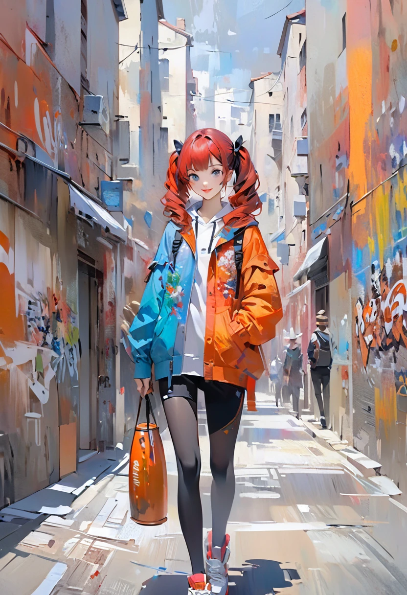 Impressionist portrait of a girl in oil painting、By Monet、The girl has red hair in twin tails、The girl has a very beautiful face、Beautiful detailed eyes and lips、Wear a chic colored hoodie、smile、A girl walks briskly through the streets of downtown、There is a lot of graffiti on the walls of the buildings in the town.、Cowboy Shot、(Strong oil painting effect:1.7)、Strong brush effect、Award-winning、Professionally painted oil painting、oil painting
