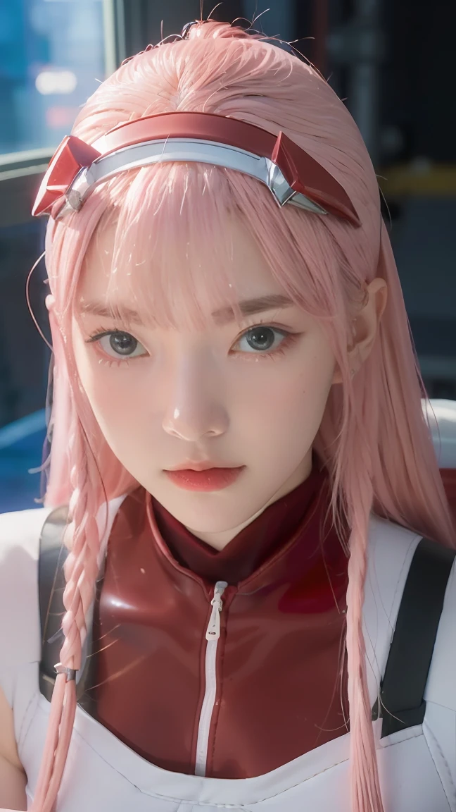 (Overhead view),dynamic angle,ultra-detailed, illustration, close-up, straight on, 1girl, ((Zero two, interface headband with a pair of hornst, red bodysuit:1.4, pink hair)),Her eyes shone like dreamy stars,(glowing eyes:1.233),(beautiful and detailed eyes:1.1),(expressionless, closed mouth),(standing), (mechanic room with tools and spaceship windowin a white SPACESHIP), (night:1.2),dreamy, [[delicate fingers and hands:0.55]::0.85],(detail fingers),