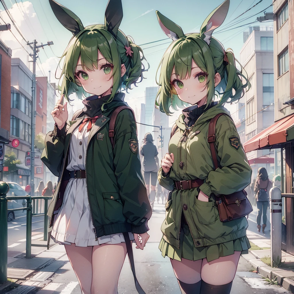 (long Green rabbit ears), green animal ears, (1 girl), green hair, green eyes, bob cut, thin eyebrows, smiling, young, alone, Lolita, childhood, child, short, overall, coat, long boots, red hood, wide pants, harness, fingerless globe, belt, waist pouch, in the city, tiny, baby face, pastel academia, cel anime, 