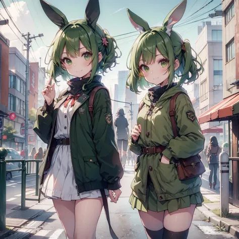 (long green rabbit ears), green animal ears, (1 girl), green hair, green eyes, bob cut, thin eyebrows, smiling, young, alone, lo...