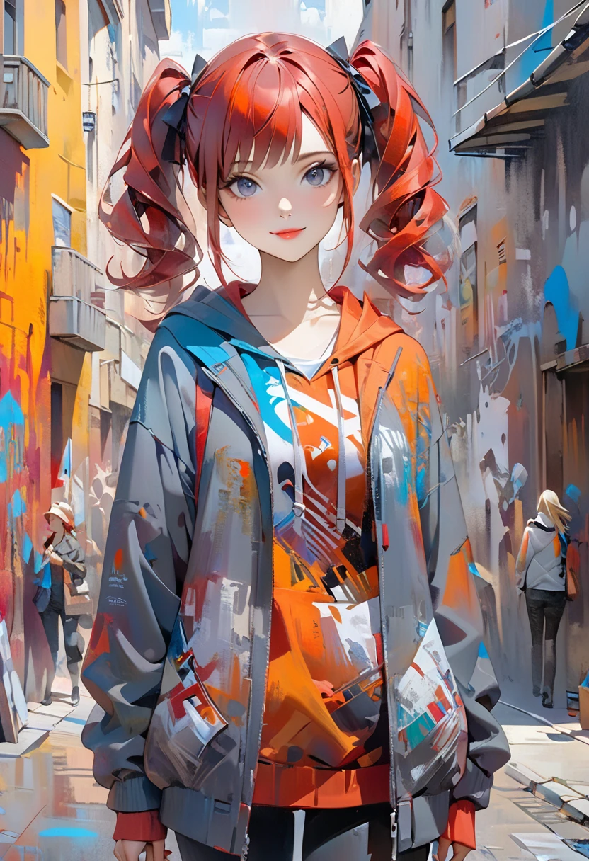 Surrealist oil portrait of a girl、The girl has red hair in twin tails、The girl has a very beautiful face、Beautiful detailed eyes and lips、Wear a chic colored hoodie、smile、A girl walks briskly through the streets of downtown、There is a lot of graffiti on the walls of the buildings in the town.、Cowboy Shot、(Strong oil painting effect:1.7)、Strong brush effect、Award-winning、Professionally painted oil painting、oil painting
