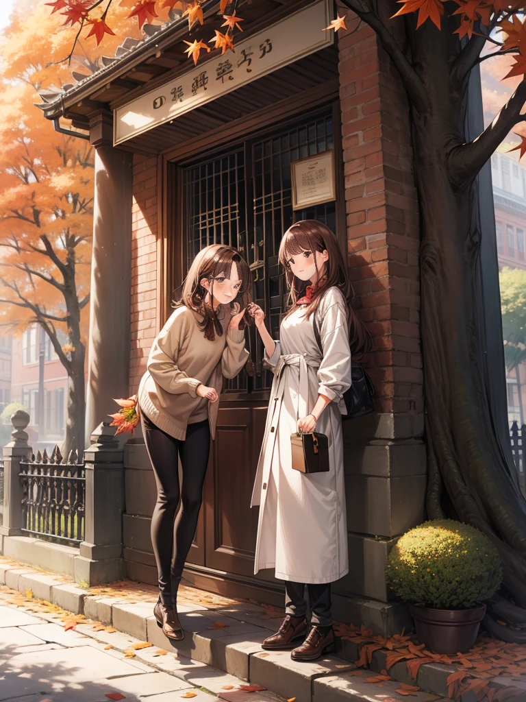 Best Quality、Autumn Clothes、Pull up to your knees、Medium Hair、Very cute、smile、Brown Hair、blush、Leaning forward、autumn leaves、
Old residential street，Red brick building，Large banyan tree，Sidewalk、Fallen leaves，autumn&#39;s，early morning，Pale yellow，Ultra-fine