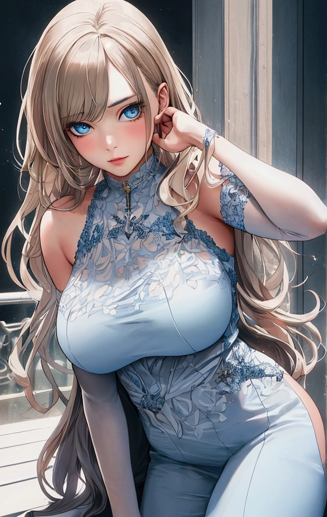 Full body image, high quality, 最high quality, Realistic, RAW Photos, Realistic, Ultra-realistic 8K CG, Ultra Detailed, High resolution, masterpiece, 1 girl, 1, Beautiful face of a woman, Soft Face, elegant, Long Hair, blue eyes, Light blue eyes, close, Intricate details, Detailed Texture, Delicate details, front , Natural female body, sexy, Very beautiful young woman&#39;s face, Big Breasts