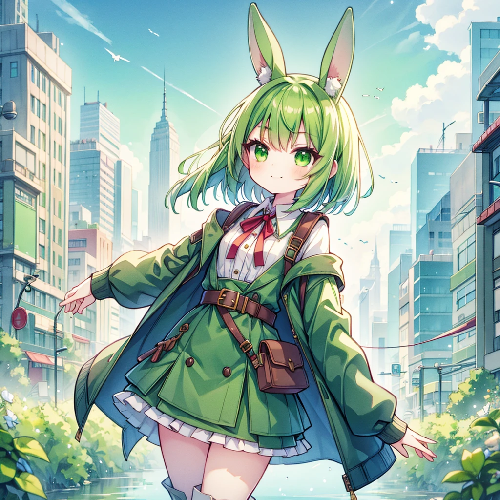 (long Green rabbit ears), green animal ears, (1 girl), green hair, green eyes, bob cut, thin eyebrows, smiling, young, alone, Lolita, childhood, child, short, overall, coat, long boots, red hood, wide pants, harness, fingerless globe, belt, waist pouch, in the city, tiny, baby face, pastel academia, cel anime, Solo