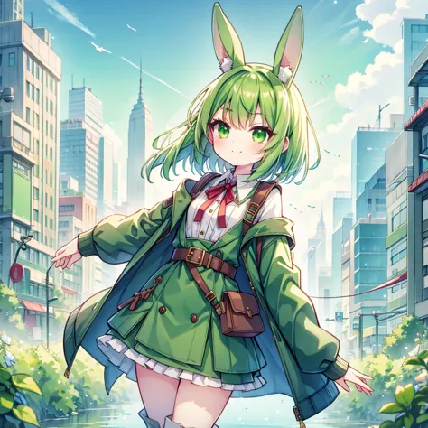 (long green rabbit ears), green animal ears, (1 girl), green hair, green eyes, bob cut, thin eyebrows, smiling, young, alone, lo...