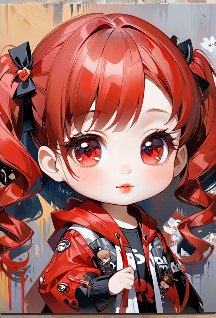 油彩で描く一人のSuper Chibi Style女の子のミニマリスト風の肖像画、(Super Chibi Style:1.5)、The girl has red hair in twin tails、The girl has a very beautiful face、Beautiful detailed eyes and lips、Wear a chic colored hoodie、smile、A girl walks briskly through the streets of downtown、There is a lot of graffiti on the walls of the buildings in the town.、Cowboy Shot、(Strong oil painting effect:1.7)、Strong brush effect、Award-winning、Professionally painted oil painting、oil painting
