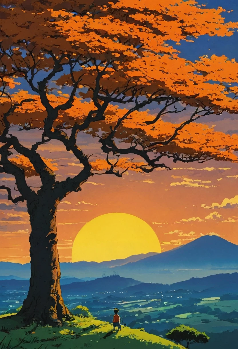 (Minimalism:1.4), Draw a simple Tintin style art of a tree with orange fruits, lonely sunset, clouds , studio ghibli art, miyazaki,  , Makoto Shinkai!!, anime movie background best quality best of SeaArt HD
