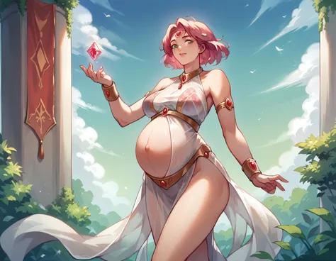 best quality,masterpiece,ultra-high resolution,（one girl:1.3）pregnant white mage lena in a see-through outfit