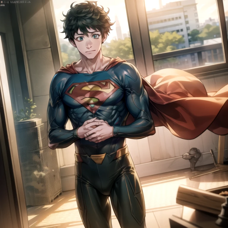 midoriya izuku, short hair, (green eyes:1.3), male focus, green hair, messy hair, freckles, skin tight superman costume, (best quality,4k,8k,highres,masterpiece:1.2),ultra-detailed,(realistic,photorealistic,photo-realistic:1.37),HDR,UHD,studio lighting,ultra-fine painting,sharp focus,physically-based rendering,extreme detail description,professional,vivid colors,bokeh,illustration