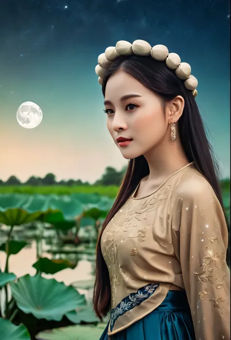 ((night sky: 1.2)), fashion fairytale shot, far far away high camera angle of beautiful vietnamese girl invietnamese girl wear a...